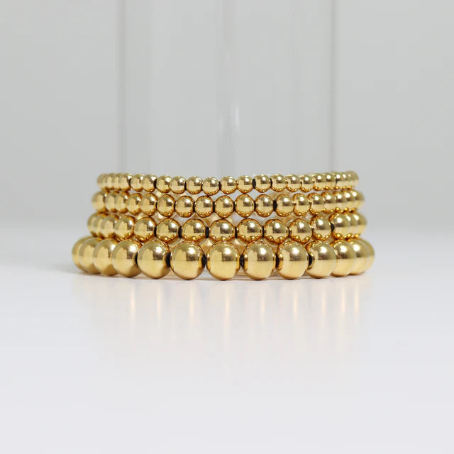 4mm, 5mm, 6mm Stack of 18K Gold PVD Coated Stainless Steel Metal Bead Stretch Bracelet